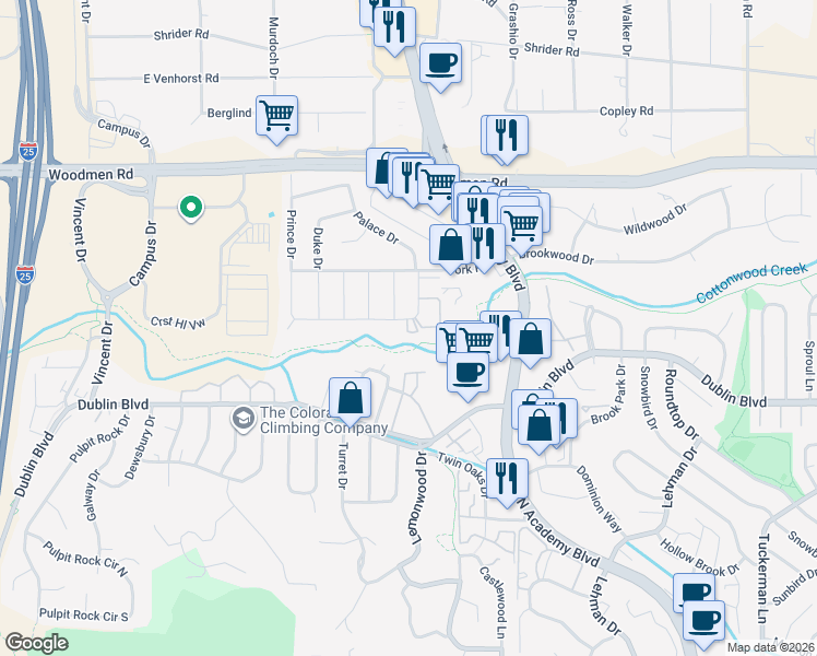 map of restaurants, bars, coffee shops, grocery stores, and more near 1431 Imperial Road in Colorado Springs