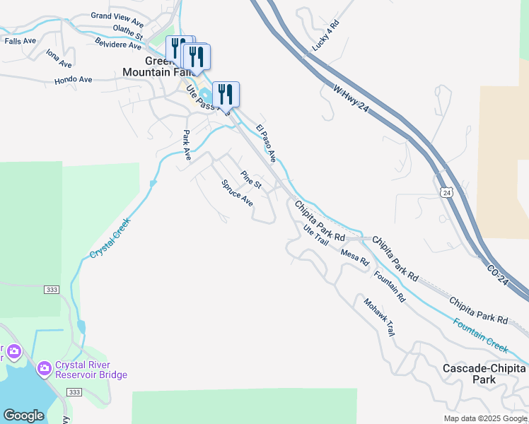 map of restaurants, bars, coffee shops, grocery stores, and more near 6475 Spruce Avenue in Green Mountain Falls