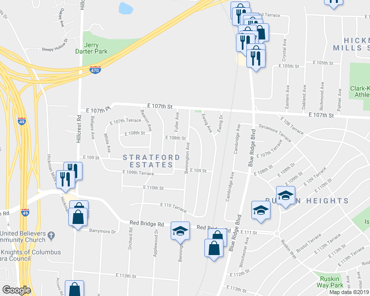 map of restaurants, bars, coffee shops, grocery stores, and more near 10807 Bennington Avenue in Kansas City