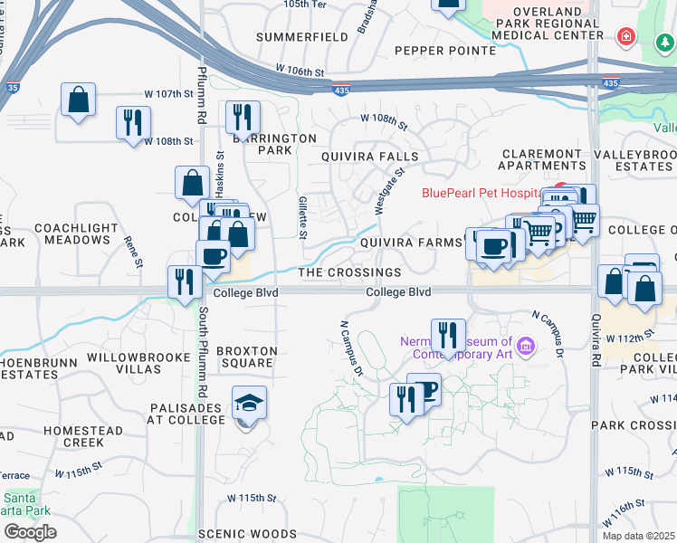 map of restaurants, bars, coffee shops, grocery stores, and more near 12727 West 110th Terrace in Overland Park