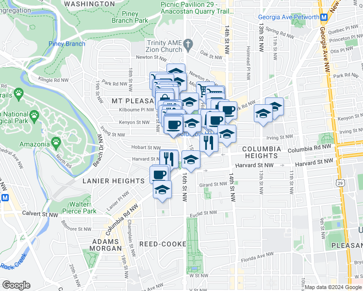 map of restaurants, bars, coffee shops, grocery stores, and more near 3060 16th Street Northwest in Washington