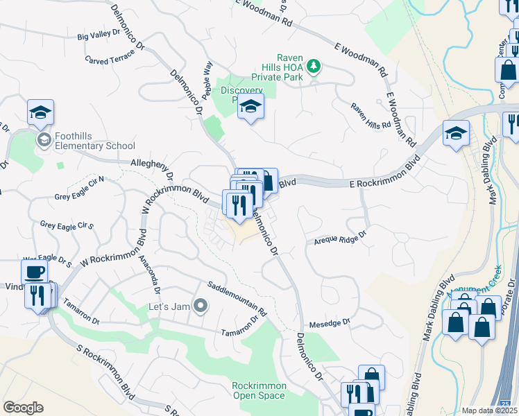 map of restaurants, bars, coffee shops, grocery stores, and more near 6645 Delmonico Drive in Colorado Springs