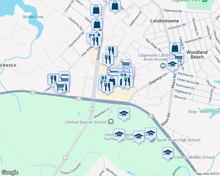 map of restaurants, bars, coffee shops, grocery stores, and more near 3261 Solomons Island Road in Edgewater