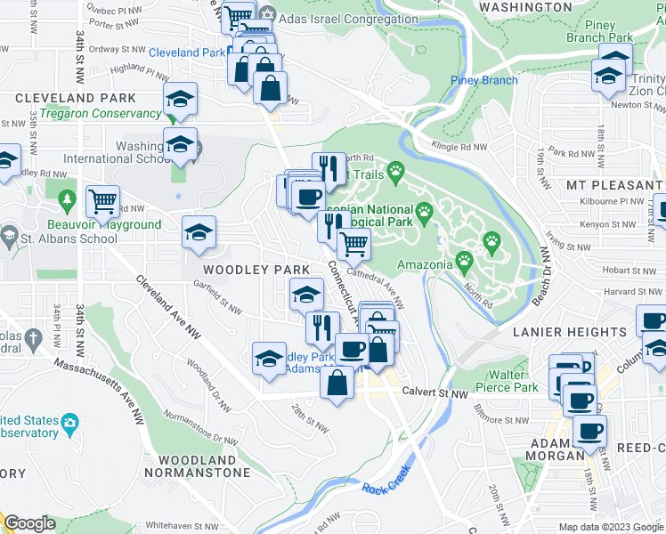 map of restaurants, bars, coffee shops, grocery stores, and more near Connecticut Avenue Northwest & Cathedral Avenue Northwest in Washington