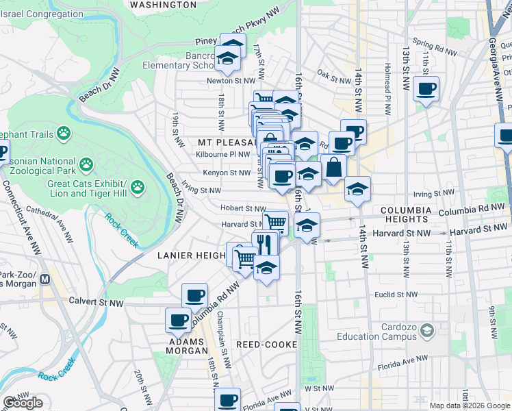 map of restaurants, bars, coffee shops, grocery stores, and more near 1649 Hobart Street Northwest in Washington