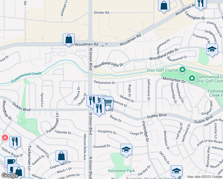 map of restaurants, bars, coffee shops, grocery stores, and more near 2910 Maverick Drive in Colorado Springs
