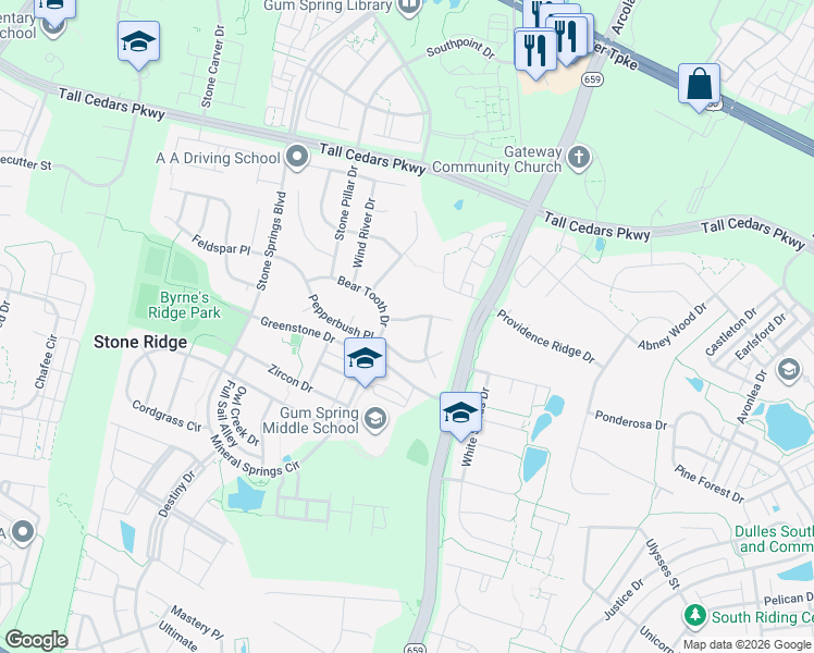 map of restaurants, bars, coffee shops, grocery stores, and more near 42129 Black Hills Place in Stone Ridge