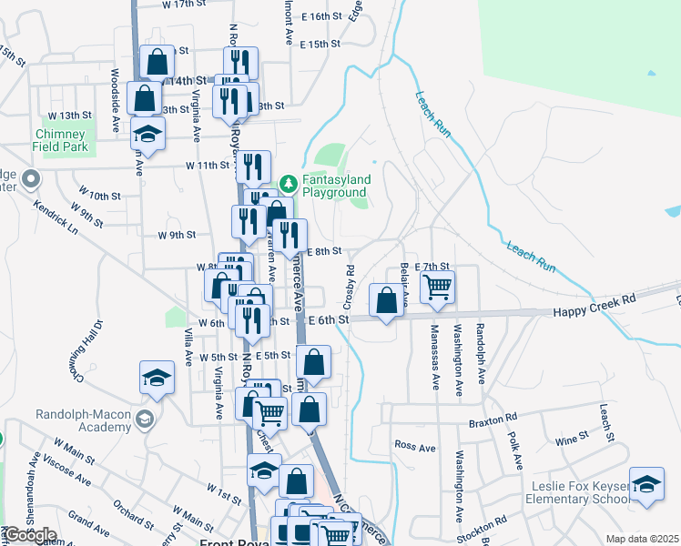 map of restaurants, bars, coffee shops, grocery stores, and more near 712 Crosby Road in Front Royal