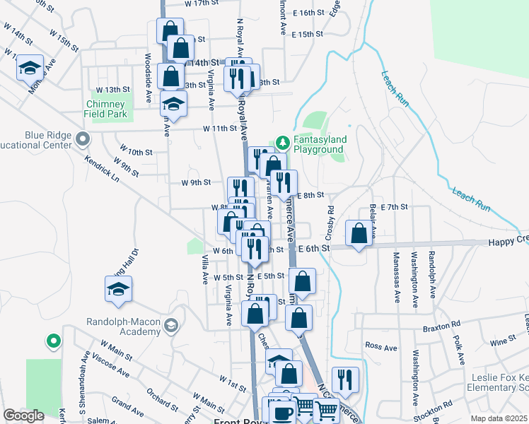 map of restaurants, bars, coffee shops, grocery stores, and more near 714 Warren Avenue in Front Royal