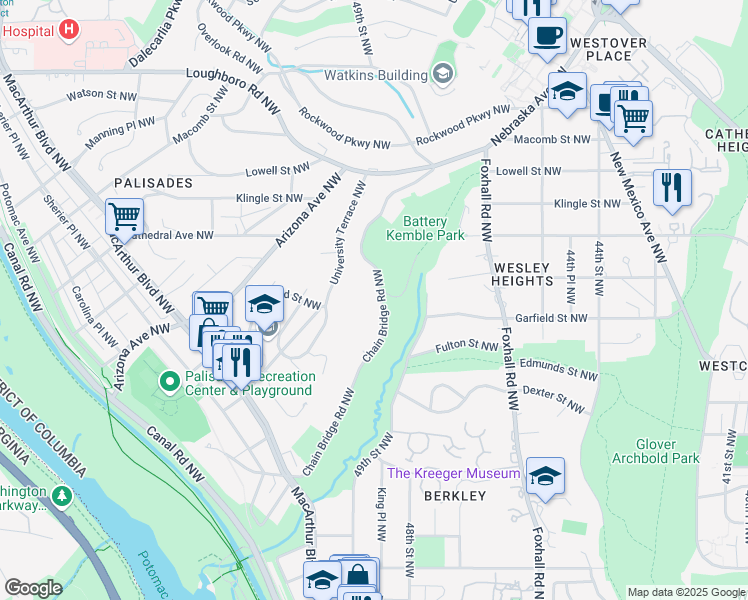 map of restaurants, bars, coffee shops, grocery stores, and more near 2824 Chain Bridge Road Northwest in Washington