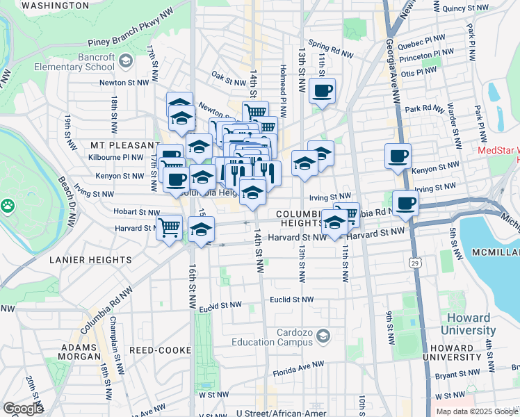 map of restaurants, bars, coffee shops, grocery stores, and more near 3023 14th Street Northwest in Washington
