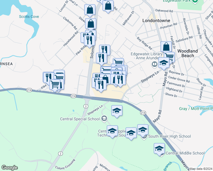 map of restaurants, bars, coffee shops, grocery stores, and more near 3261 Solomons Island Road in Edgewater