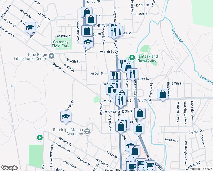 map of restaurants, bars, coffee shops, grocery stores, and more near 110 West 8th Street in Front Royal
