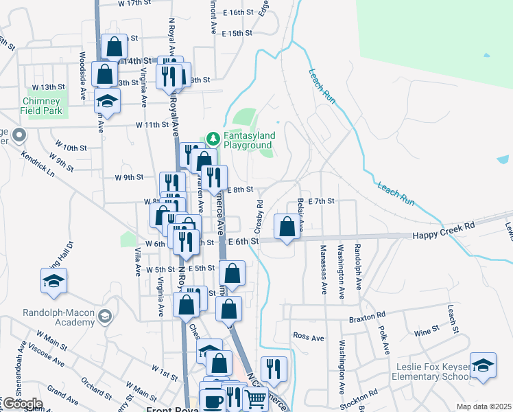 map of restaurants, bars, coffee shops, grocery stores, and more near 712 Crosby Road in Front Royal