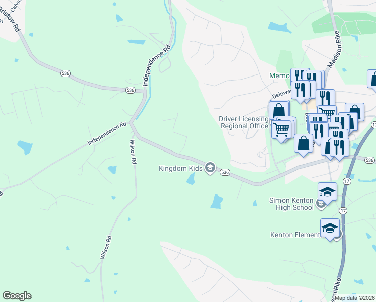 map of restaurants, bars, coffee shops, grocery stores, and more near 1654 Shaw Road in Independence
