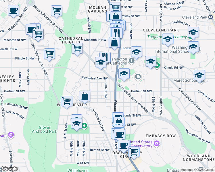 map of restaurants, bars, coffee shops, grocery stores, and more near 2935 38th Street Northwest in Washington