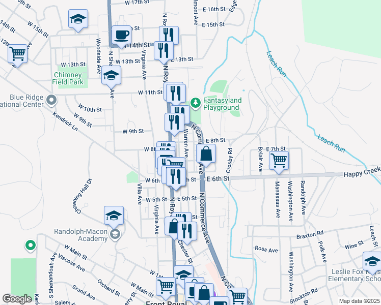 map of restaurants, bars, coffee shops, grocery stores, and more near 711 Warren Avenue in Front Royal