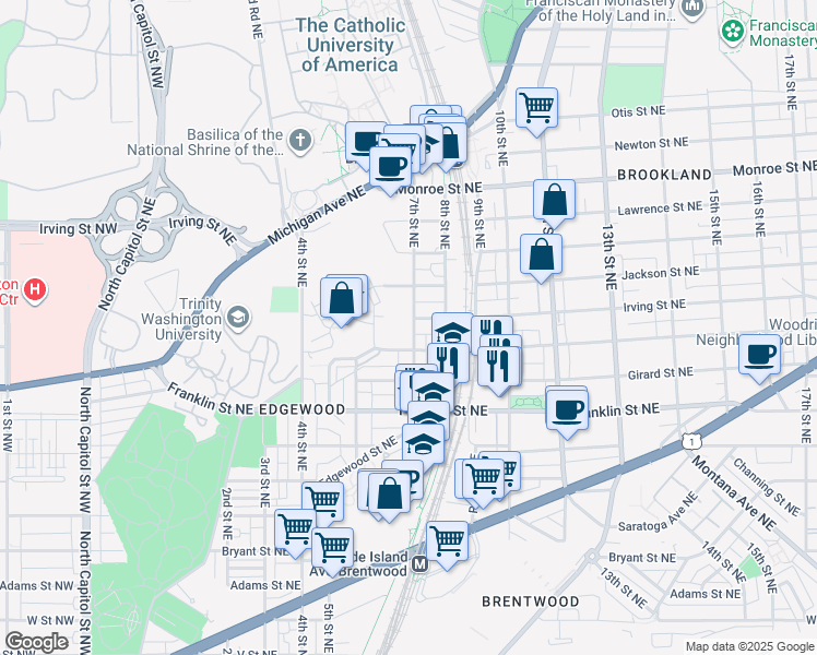 map of restaurants, bars, coffee shops, grocery stores, and more near 3050 7th Street Northeast in Washington