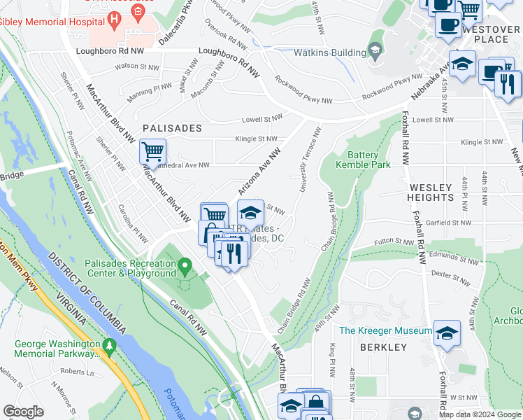 map of restaurants, bars, coffee shops, grocery stores, and more near 5020 Garfield Street Northwest in Washington