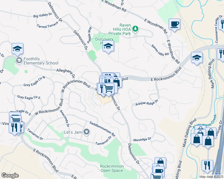map of restaurants, bars, coffee shops, grocery stores, and more near 6645 Delmonico Drive in Colorado Springs