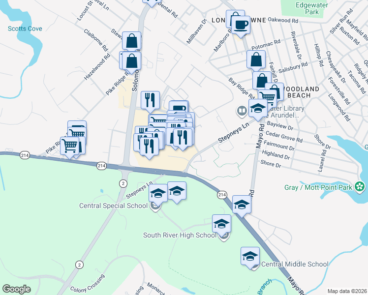 map of restaurants, bars, coffee shops, grocery stores, and more near 135 Mitchells Chance Road in Edgewater