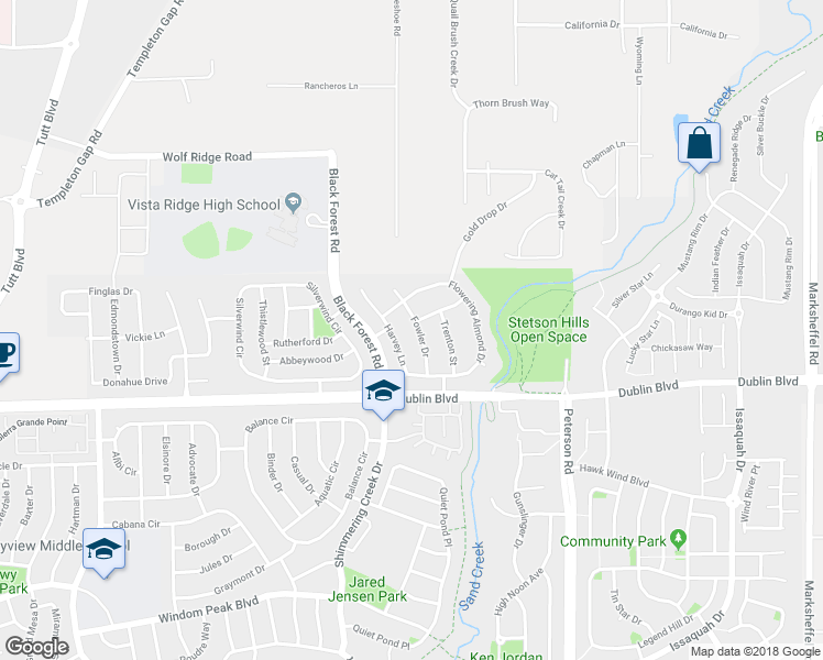 map of restaurants, bars, coffee shops, grocery stores, and more near 6586 Fowler Drive in Colorado Springs