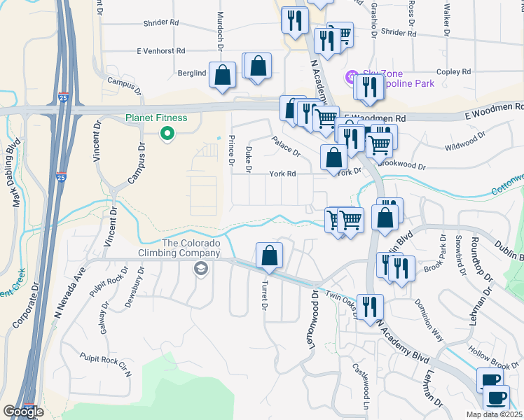 map of restaurants, bars, coffee shops, grocery stores, and more near 1323 Imperial Road in Colorado Springs