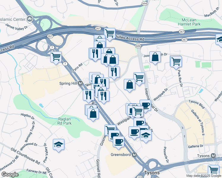 map of restaurants, bars, coffee shops, grocery stores, and more near 8405 Greensboro Drive in Tysons