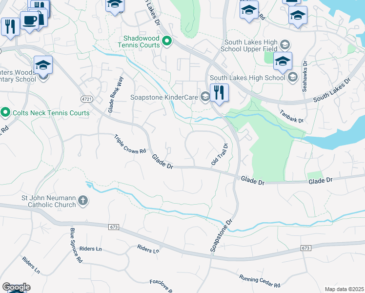 map of restaurants, bars, coffee shops, grocery stores, and more near 2369 Old Trail Drive in Reston