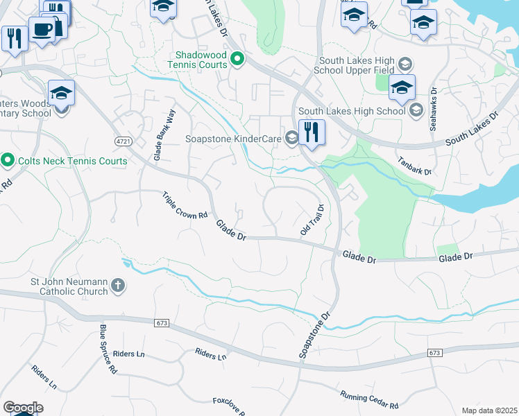 map of restaurants, bars, coffee shops, grocery stores, and more near 2369 Old Trail Drive in Reston