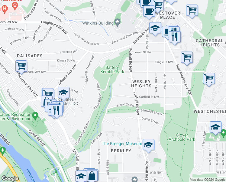 map of restaurants, bars, coffee shops, grocery stores, and more near 2929 49th Street Northwest in Washington