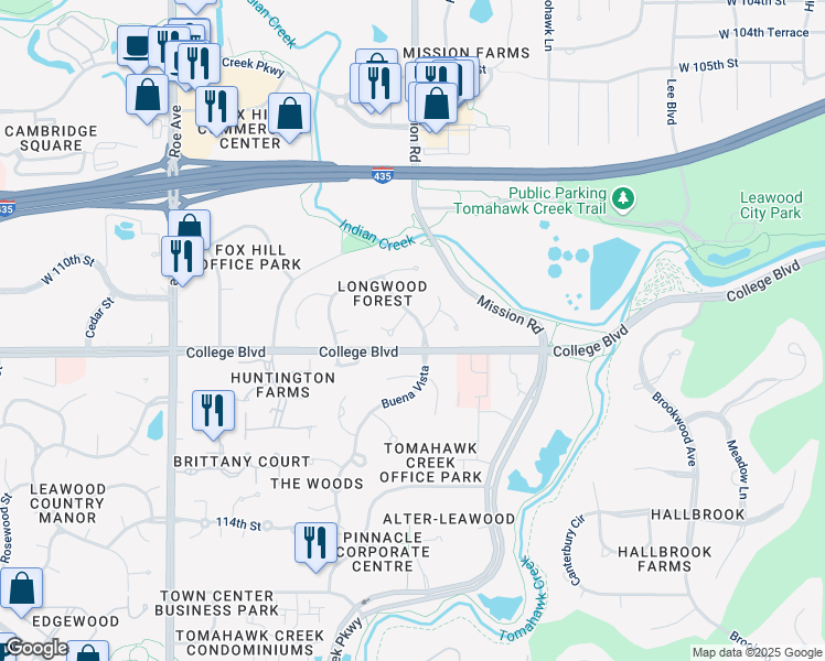 map of restaurants, bars, coffee shops, grocery stores, and more near 11016 Buena Vista Street in Leawood