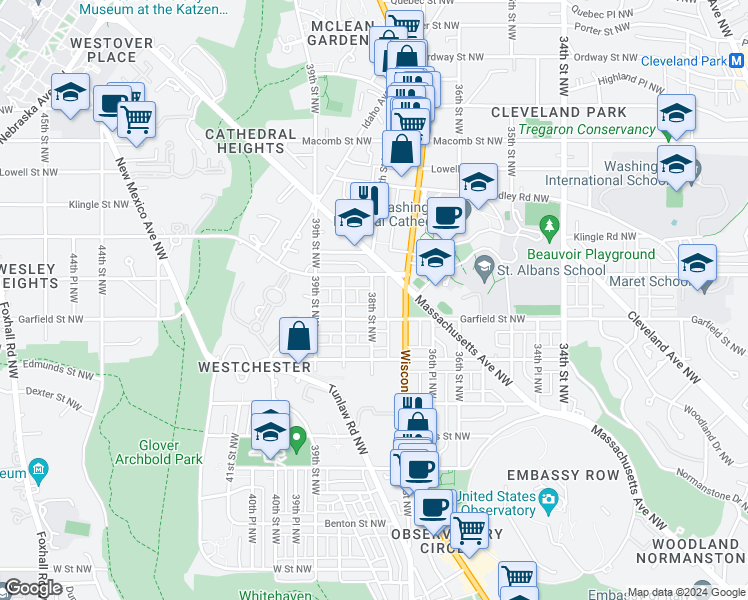 map of restaurants, bars, coffee shops, grocery stores, and more near 2935 38th Street Northwest in Washington
