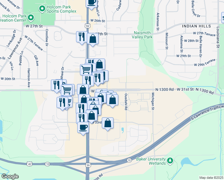 map of restaurants, bars, coffee shops, grocery stores, and more near 1901 West 31st Street in Lawrence