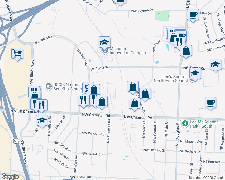 map of restaurants, bars, coffee shops, grocery stores, and more near 813 Northwest Donovan Road in Lee's Summit