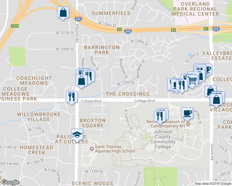 map of restaurants, bars, coffee shops, grocery stores, and more near 12792 West 110th Terrace in Overland Park