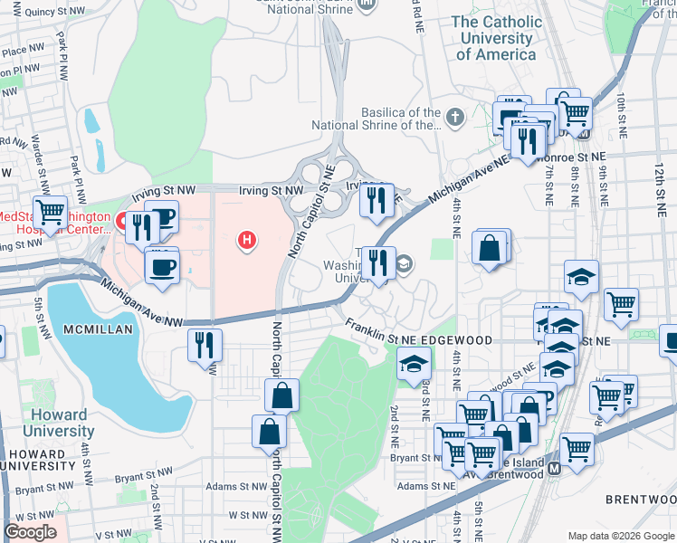 map of restaurants, bars, coffee shops, grocery stores, and more near 100 Michigan Avenue Northeast in Washington