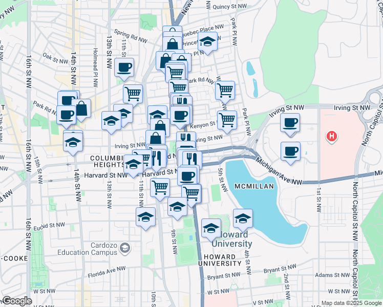 map of restaurants, bars, coffee shops, grocery stores, and more near in Washington