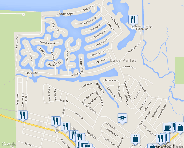 map of restaurants, bars, coffee shops, grocery stores, and more near 2148 Venice Drive in South Lake Tahoe