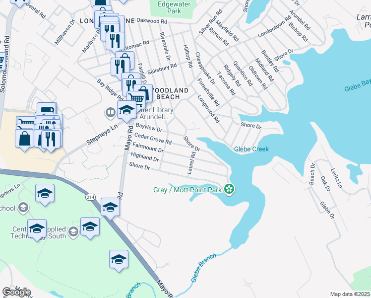 map of restaurants, bars, coffee shops, grocery stores, and more near 419 Cedar Grove Road in Edgewater