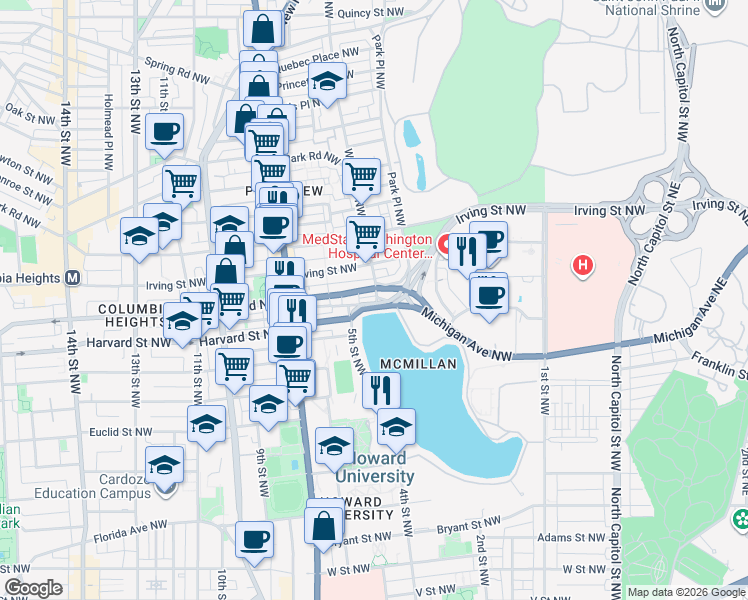 map of restaurants, bars, coffee shops, grocery stores, and more near 409 Hobart Pl NW in Washington