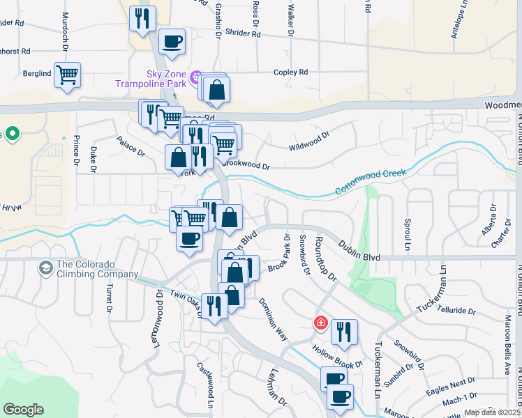 map of restaurants, bars, coffee shops, grocery stores, and more near 6613 Dublin Loop West in Colorado Springs