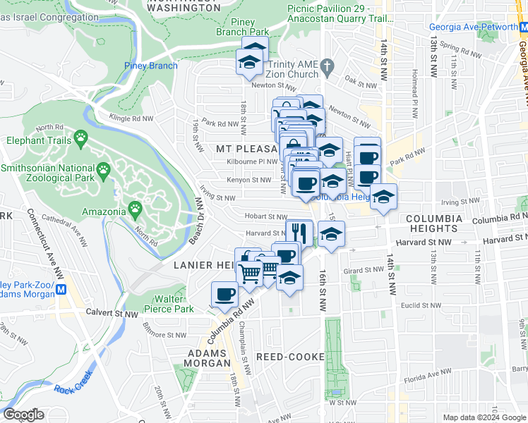 map of restaurants, bars, coffee shops, grocery stores, and more near 1709 Hobart Street Northwest in Washington