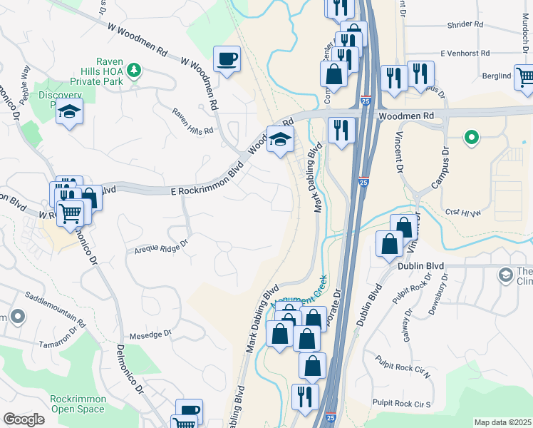 map of restaurants, bars, coffee shops, grocery stores, and more near 454 Rolling Hills Drive in Colorado Springs