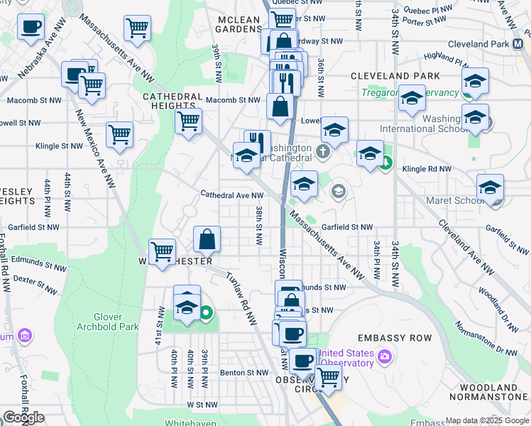 map of restaurants, bars, coffee shops, grocery stores, and more near 2945 38th Street Northwest in Washington