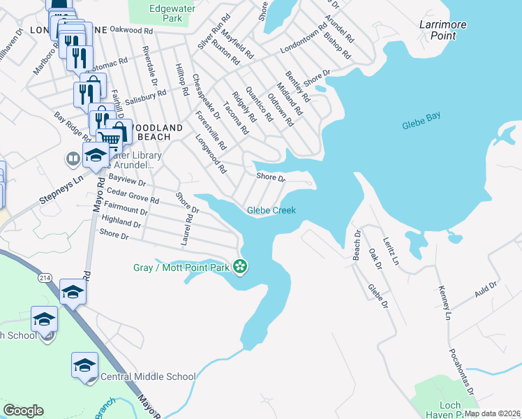 map of restaurants, bars, coffee shops, grocery stores, and more near 1527 Shore Drive in Edgewater