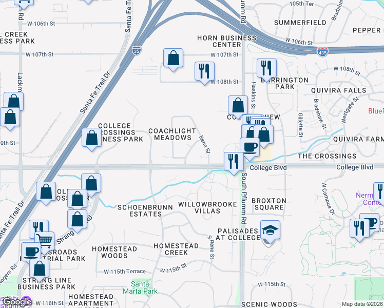 map of restaurants, bars, coffee shops, grocery stores, and more near 13837 West 110th Terrace in Lenexa