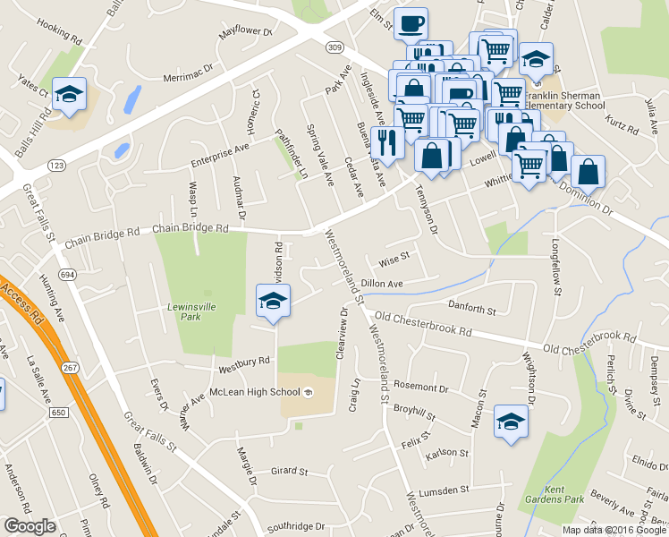 map of restaurants, bars, coffee shops, grocery stores, and more near 1556 Westmoreland Street in McLean