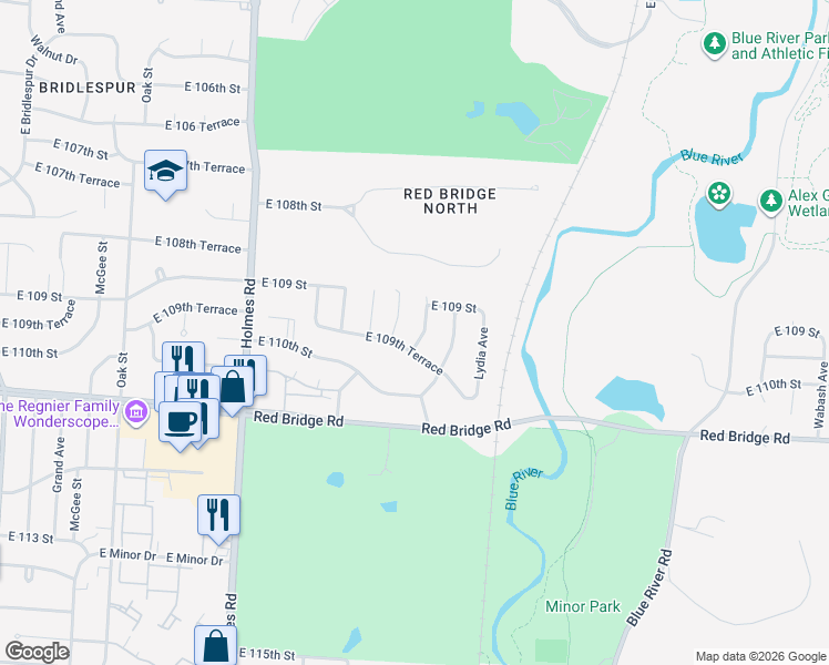 map of restaurants, bars, coffee shops, grocery stores, and more near 10924 Tracy Avenue in Kansas City