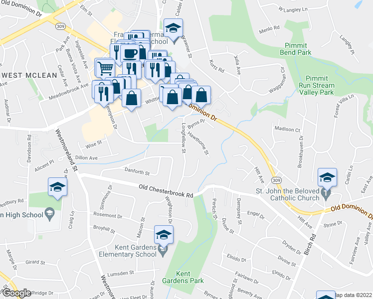 map of restaurants, bars, coffee shops, grocery stores, and more near 1525 Longfellow Street in McLean